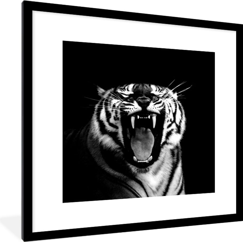 MuchoWow MuchoWow Gerahmtes Poster Tiger - Muster - Schwarz - Weiß 40x40 cm - Poster mit zchwarzem Bilderrahmen - Poster - Plakat im Rahmen