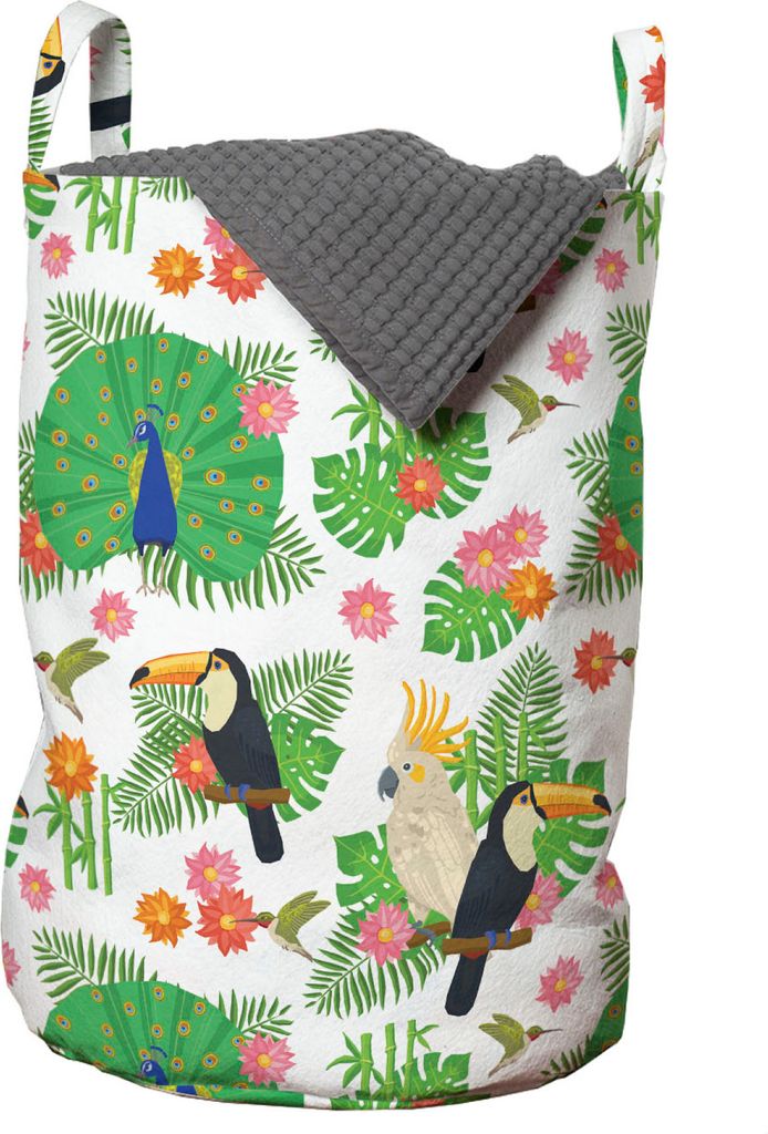 ABAKUHAUS Pfau Wäschesack, Cartoon Exotischer Vogel Rassen, Wäschekorb mit Griffen Kordelzugverschluss für Waschsalons, 33 cm breit x 49 cm hoch...