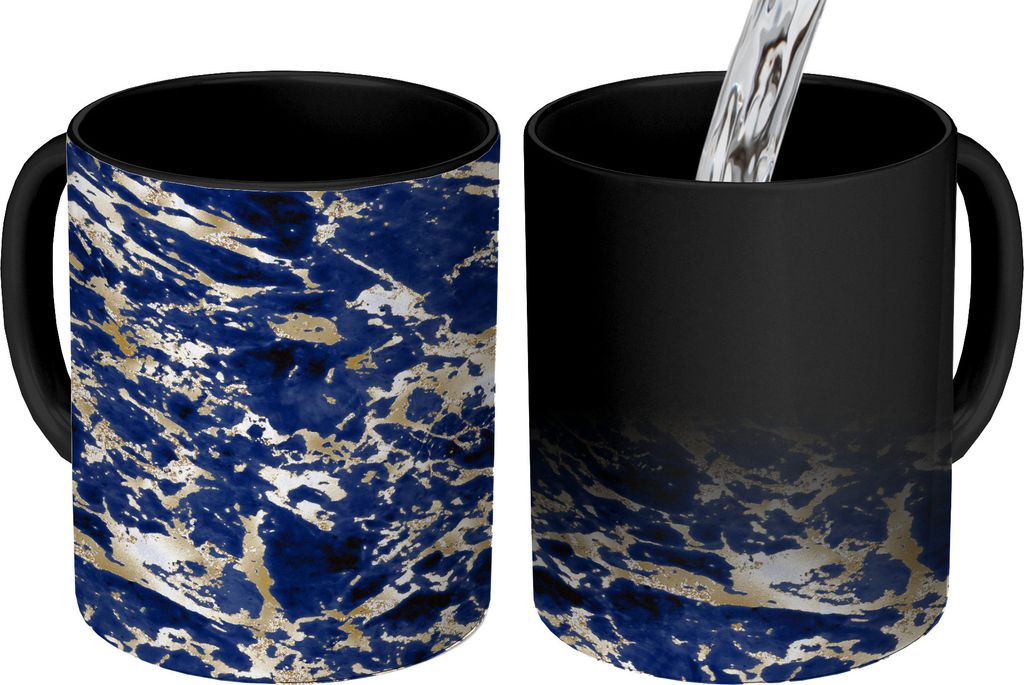 MuchoWow Zauber Tasse Zaubertasse Magic Blau - Gold - Marmor - Muster 350 ml Farbwechsel Becher Geschenk Geschenkidee - Magic-Tasse - Fototasse -...