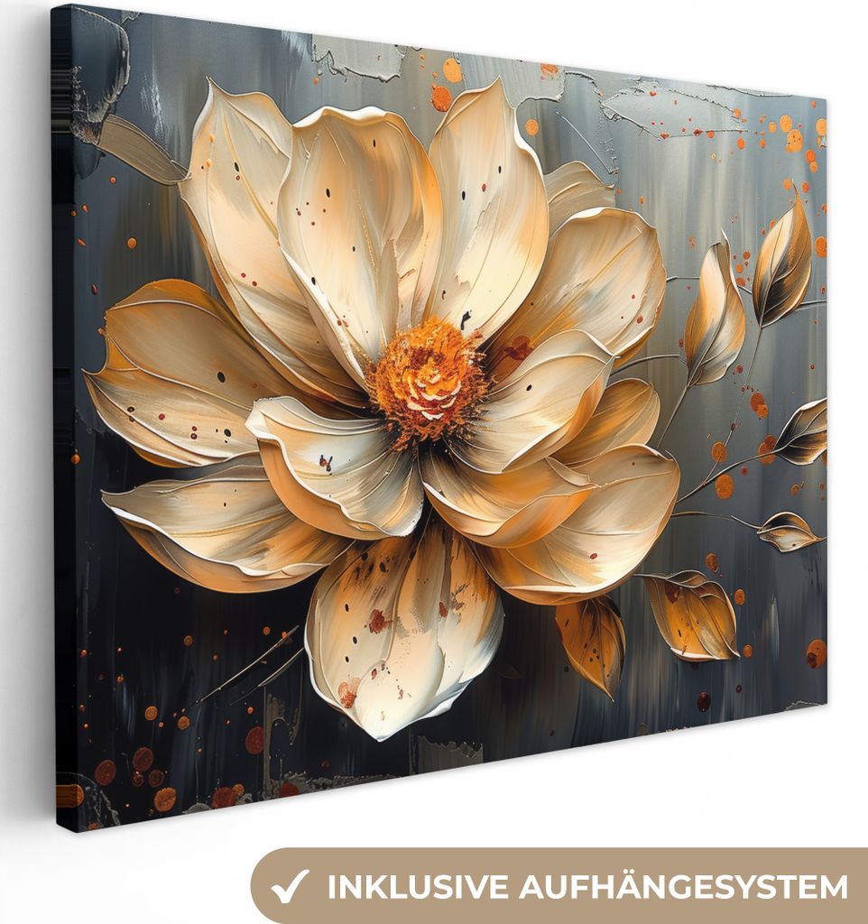 Leinwand Bilder 80x60 cm - Blumen - Gold - Kunst - Schwarz - Modern, Bilder, Deko, Wanddeko, Leinwand Bilder