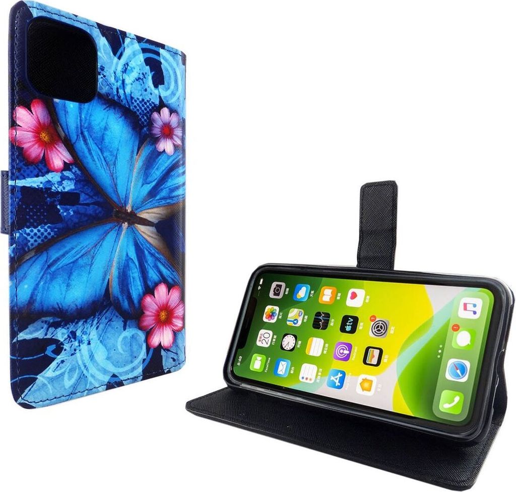 Apple iPhone 11 Pro Max Tasche Handy Hülle Schutz-Cover Flip-Case mit Kartenfach Blauer Schmetterling