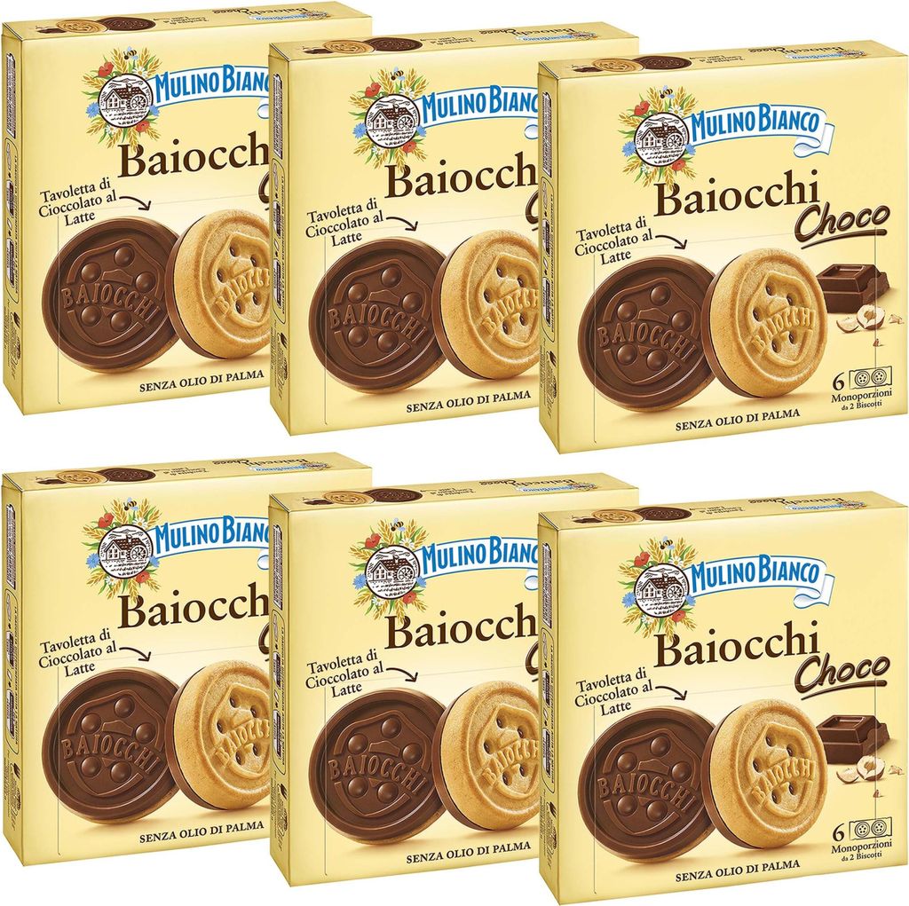 MULINO BIANCO Baiocchi Choco - Italienische Kekse mit Schokoladenfüllung 144g x 6 Pakete
