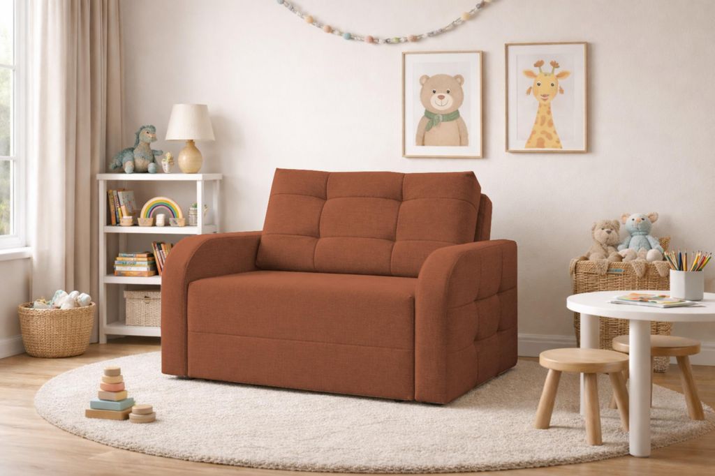 MOEBLO Kindersofa PORTO 120 – Schlafsessel Sofa Sessel Jugendsofa Schlafsofa 2-Sitzer Gästebett mit Schlaffunktion und Bettkasten - Orange (BRAG...