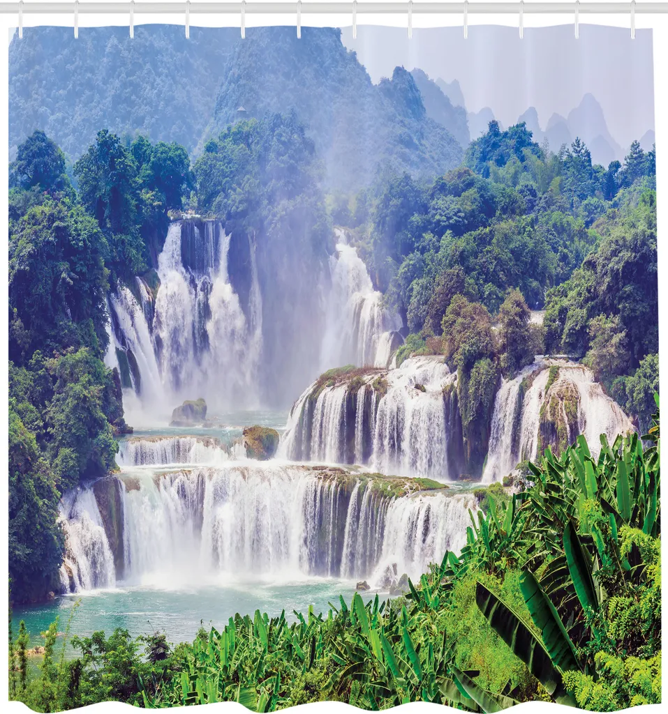 ABAKUHAUS Tenda da doccia naturale, cascata foglie tropicali esotiche piscina naturale immagine dell'acqua, tessuto set decorativo per bagno con ganci, 175x200 cm, verde azzurro