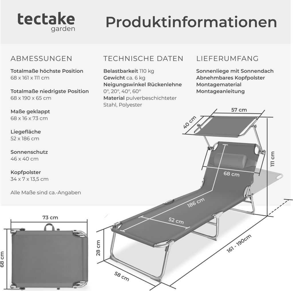 Gartenliege Chloé klappbar 190 x 68 x 65 cm Produktbild 5