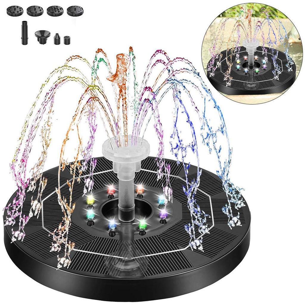 Solar Springbrunnen für Außen, 8 Fontäne Sprüh-Effekten,LED-Lichtern Wasserspiel Gartenbrunnen Teichpumpe,FüR GäRten, VogelbäDer, Teiche