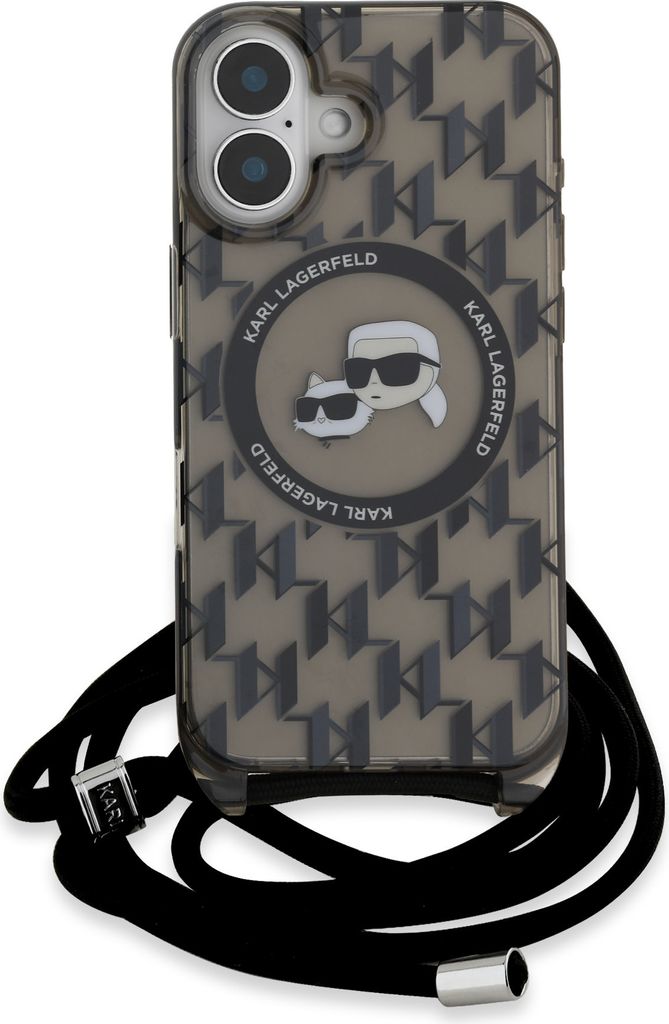 Karl Lagerfeld KLHMP16SHCKCKLCK iPhone 16 6.1" schwarz hardcase IML Crossbody Monogram Karl & Choupette Head MagSafe Schutzhülle