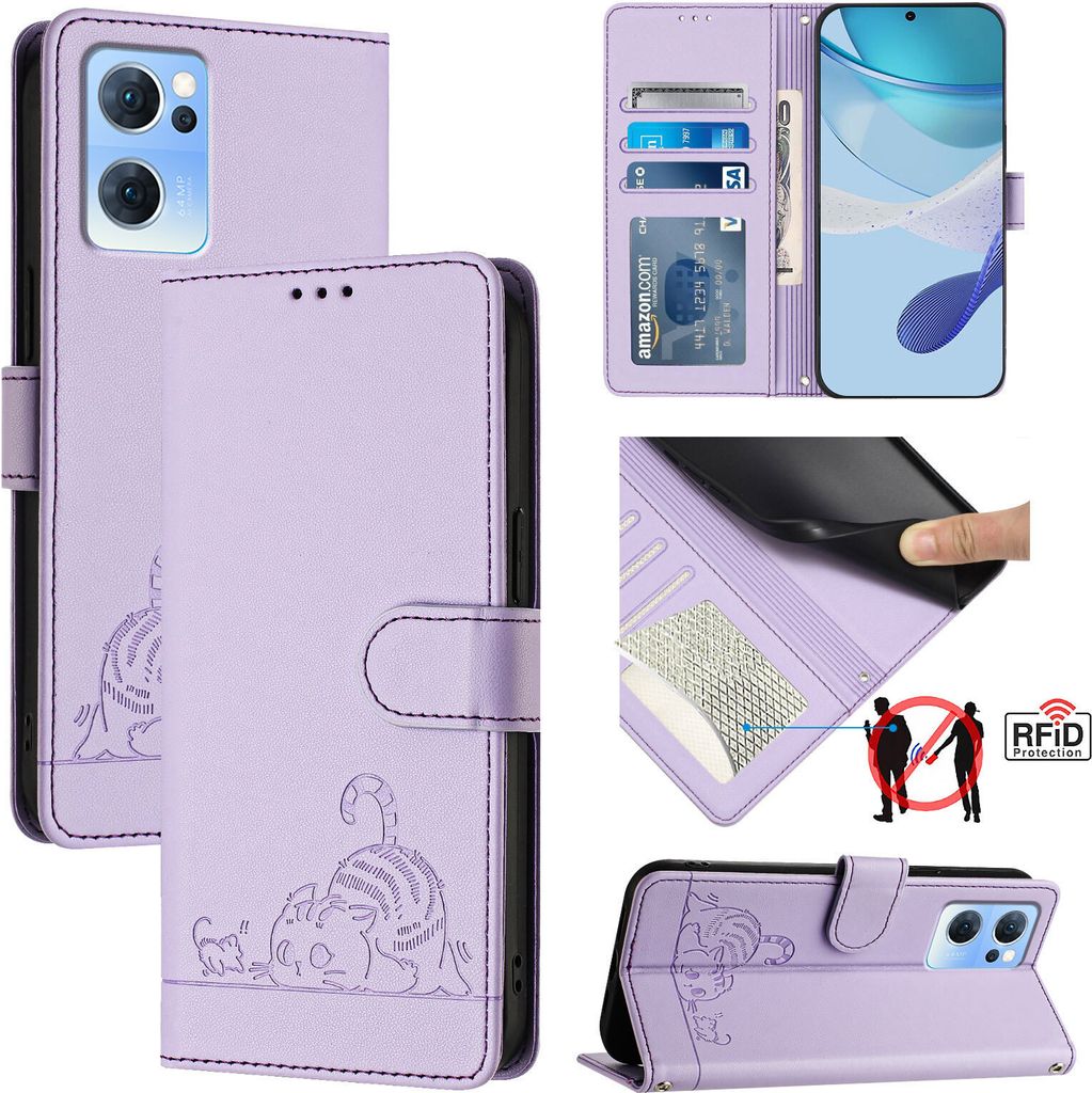 Leder Hülle für Oppo Reno7 5G / Find X5 Lite Süße Katze Flip Case Brieftasche Schutzhülle mit Standfunktion Lila