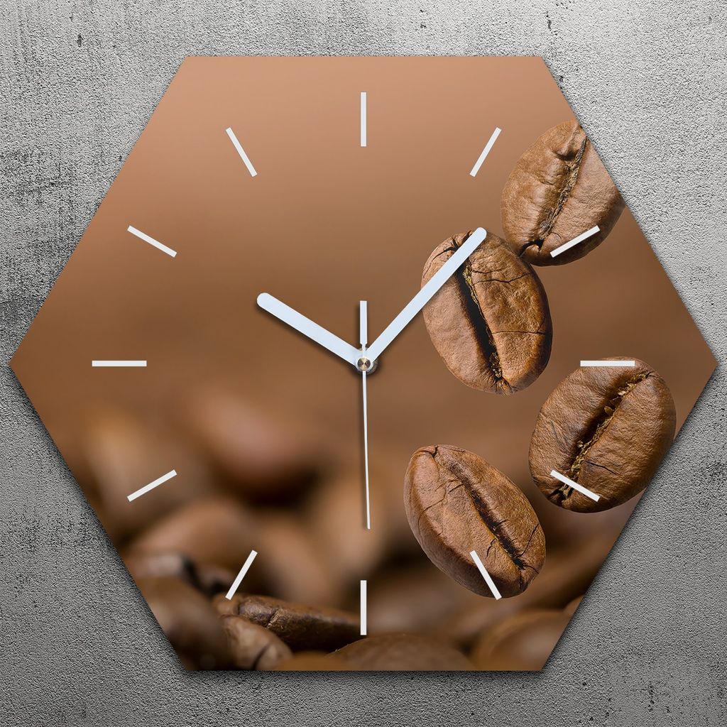 Uhr hexagonal 40 cm Glas Geräuschlos weiße Zeiger - Kaffee Coffee Bohnen
