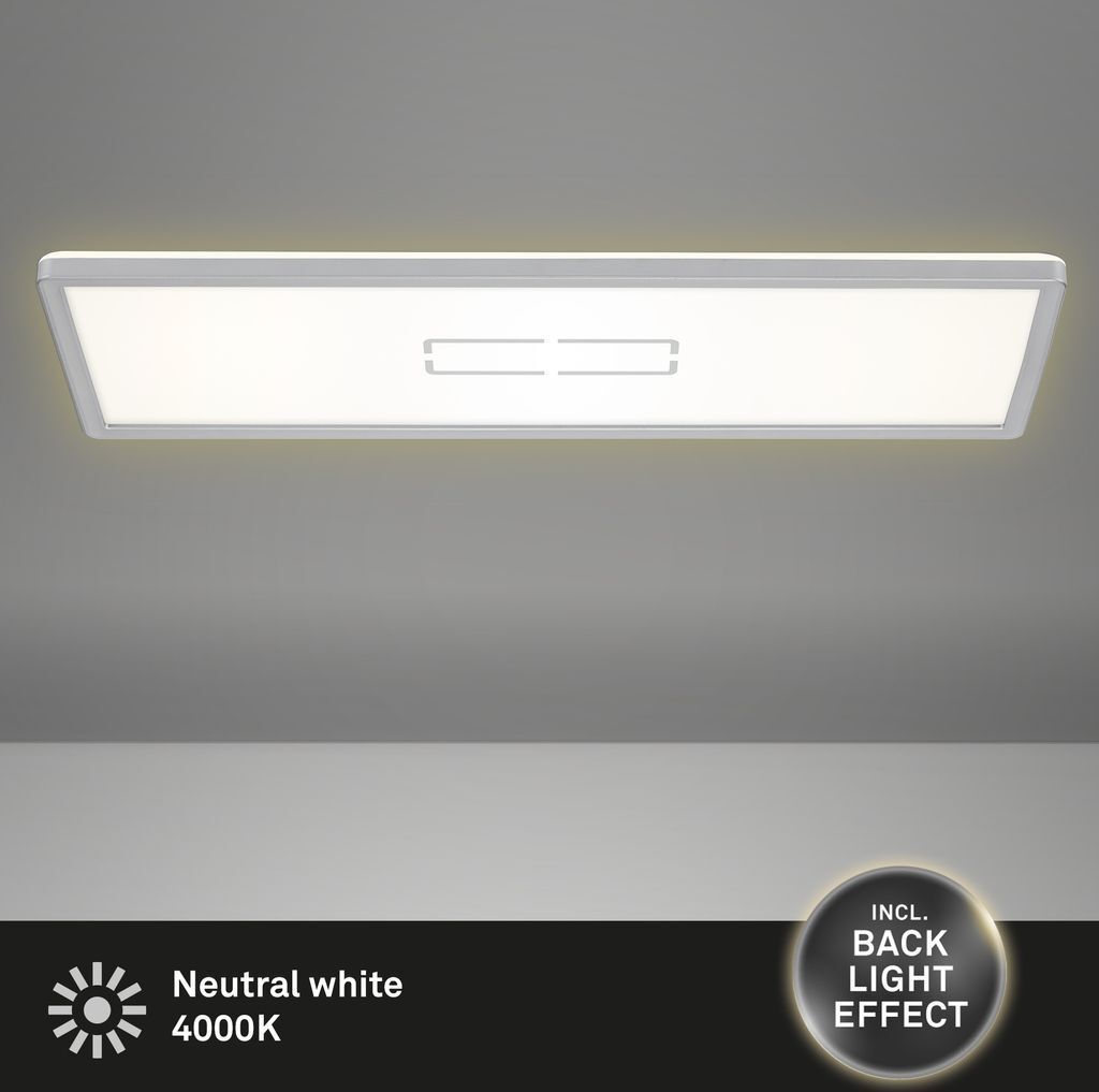 A modern, ultra-thin LED ceiling light with a white and silver finish, mounted on a light gray ceiling.