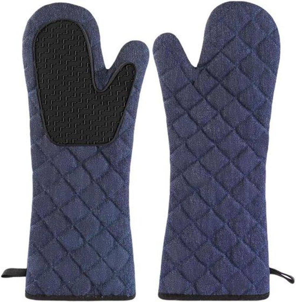 Lange, gewatteerde katoenen Handschuhe aus siliconen Denim, hitzebeständig und antislip, ideal für Kochen, Backen und Grillen. 2er Pack.