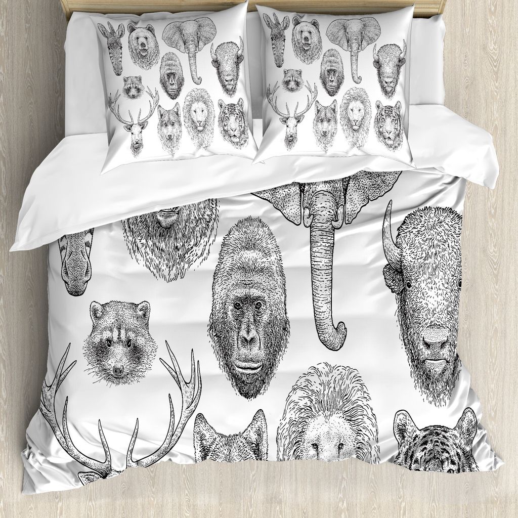 ABAKUHAUS Skizzieren Bettbezug Set für Einzelbetten, Zusammensetzung der Tierköpfe, Milbensicher Allergiker geeignet mit Kissenbezug, 200 cm x 20...