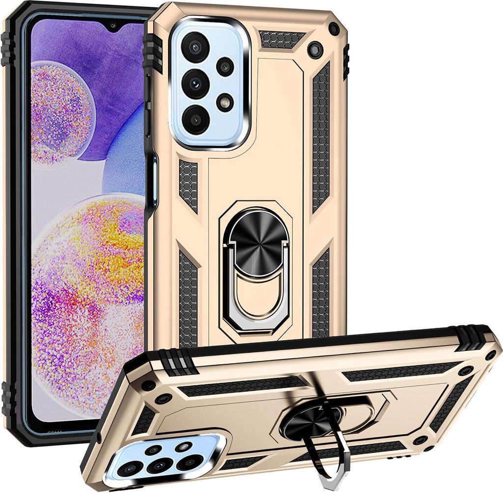 Galaxy A23 Hülle, Dual Layer Robust Militäre Schutzhülle mit Ringhalterung Ständer für Samsung Galaxy A23 Gold