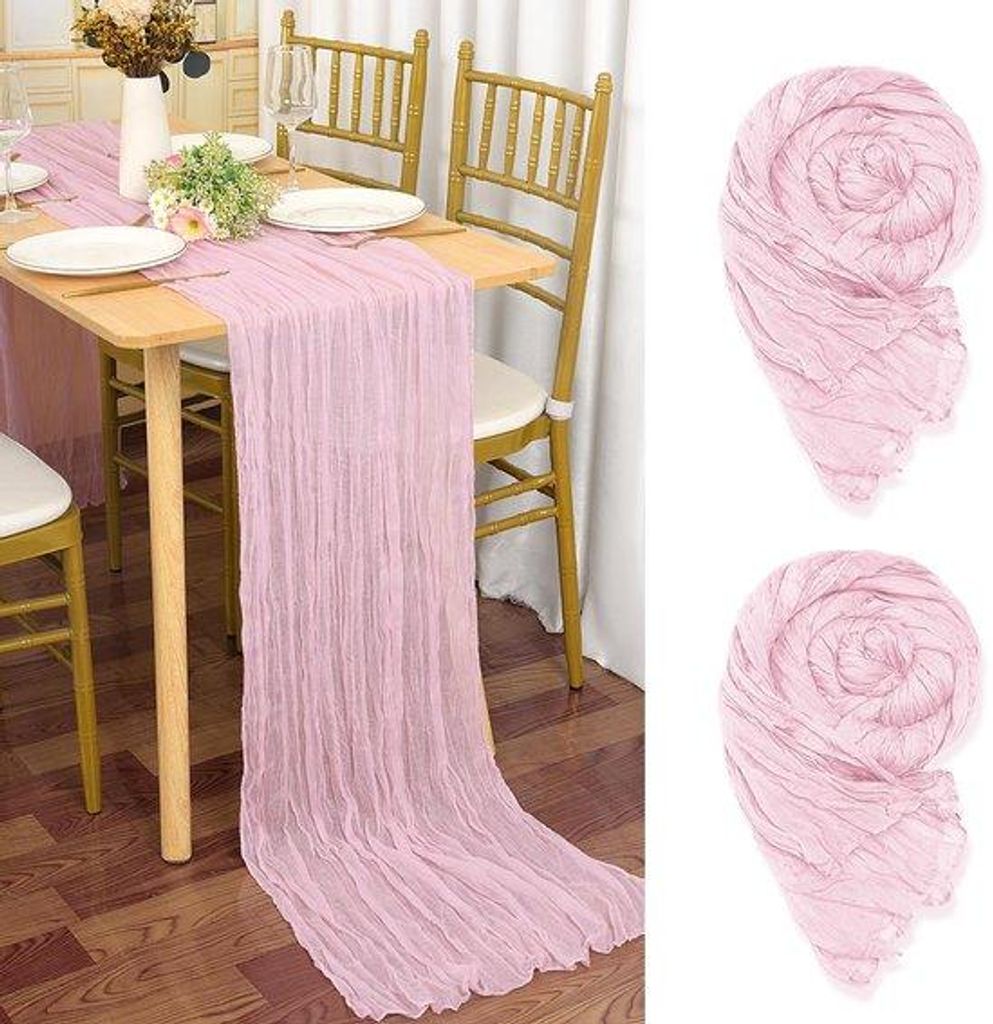 Pak van 2 kaasdoek tafellopers, babyroze, 90 x 300 cm, lichtroze, rustieke gaasstof, boho tafelloper
