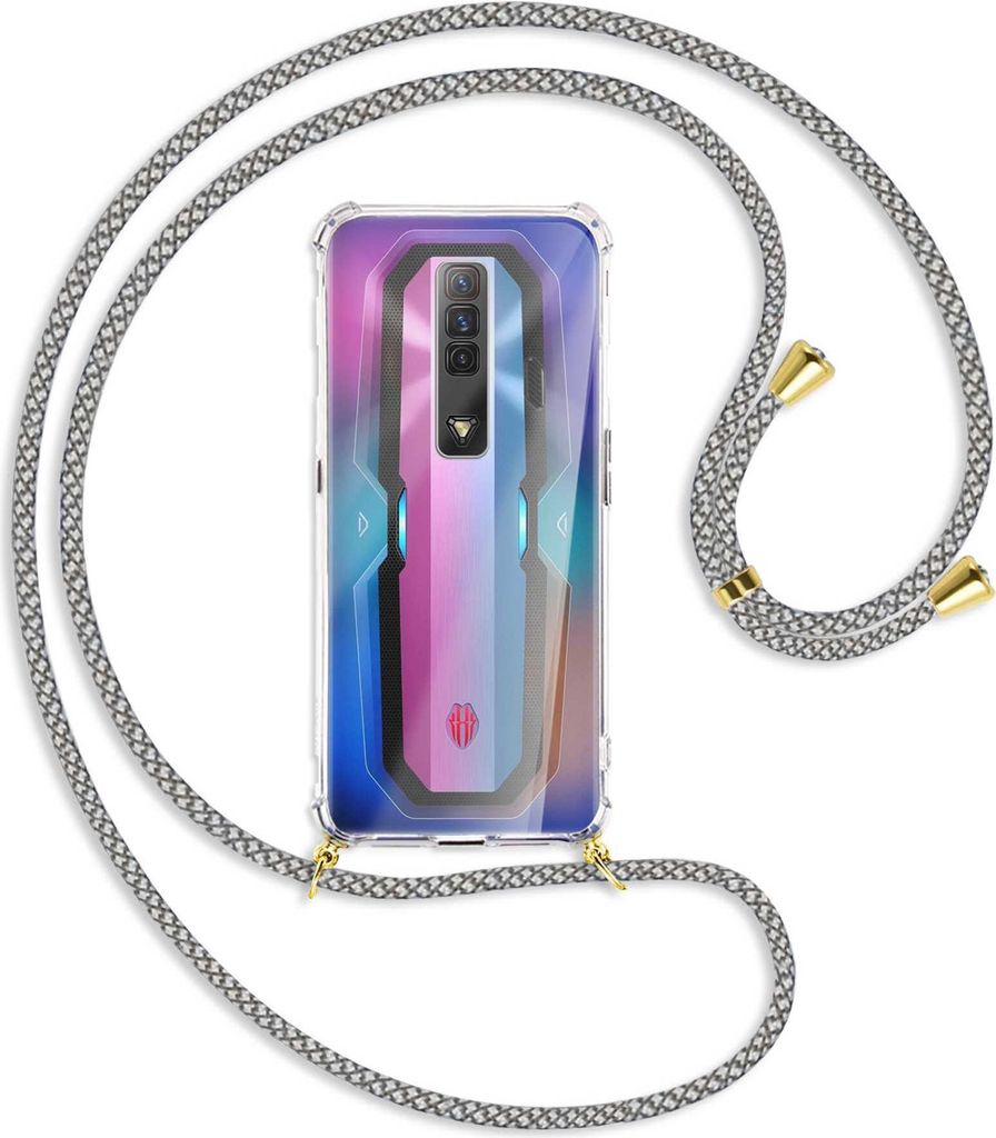 Handykette Backcover-Schutzhülle mit Band (Metall goldfarben) für ZTE nubia Red Magic 7 - weiß/grau kariert