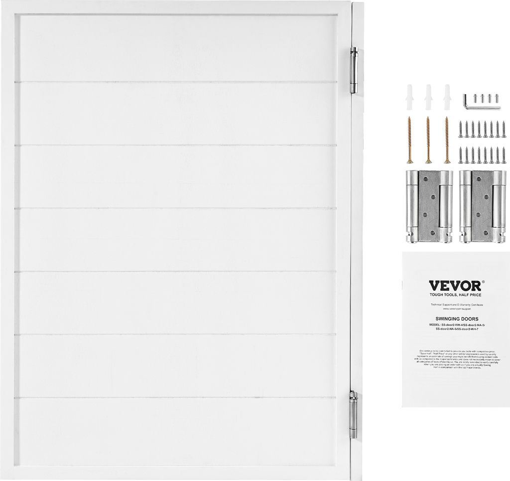 A white saloon door with hardware and instructions laid out next to it.