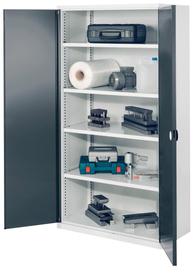 Schwerlastschrank, Vollblechtüren, 4 Fachböden, BxTxH 1000x600x1950 mm, RAL 7035/7016