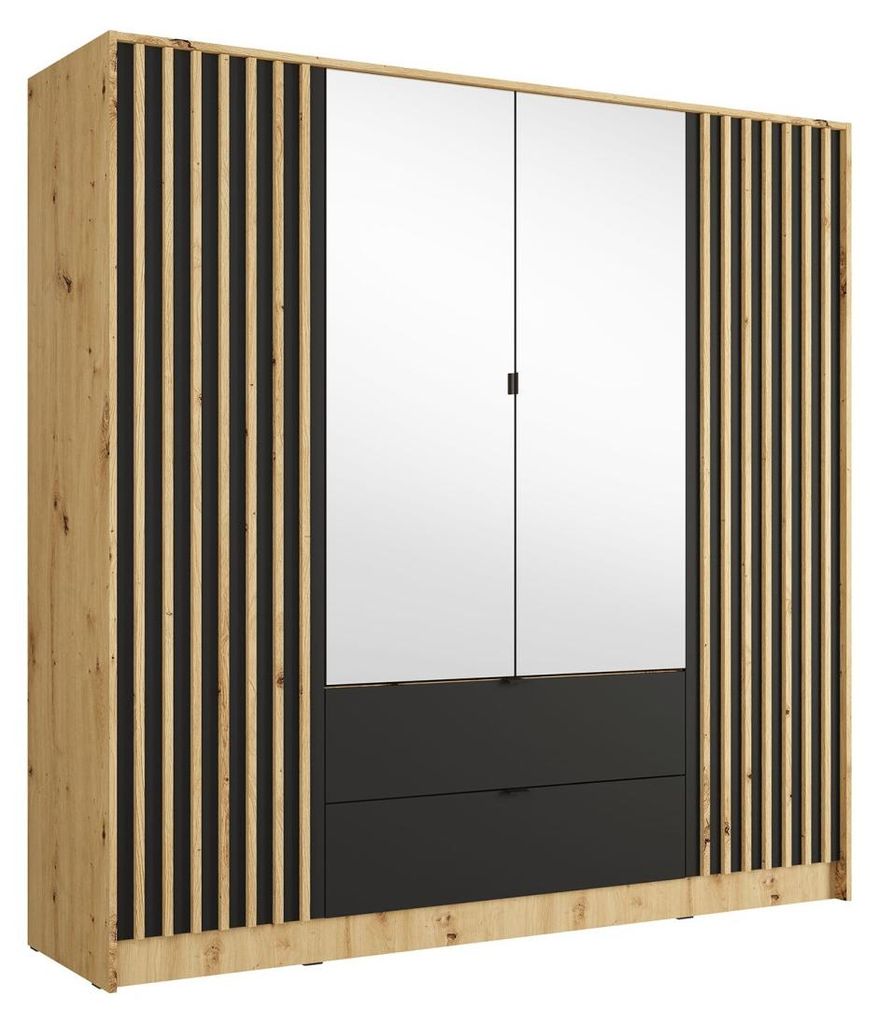 Schrank TORVIK 4 Türen mit Spiegeln, Schubladen und Leisten Eiche und Schwarz 200 cm