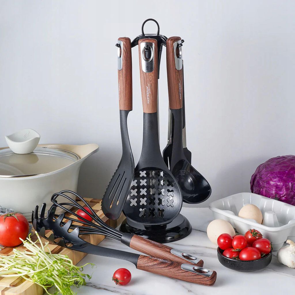 Jokipvy Set Di 5 Utensili Da Cucina In Silicone Bianco Con Manico In Legno, Set Di Pentole Antiaderenti Con Spatola, Paletta Per Friggere, Cucchiaio Forato Per Riso, Cucchiaio Per Risotto, Utensile Da