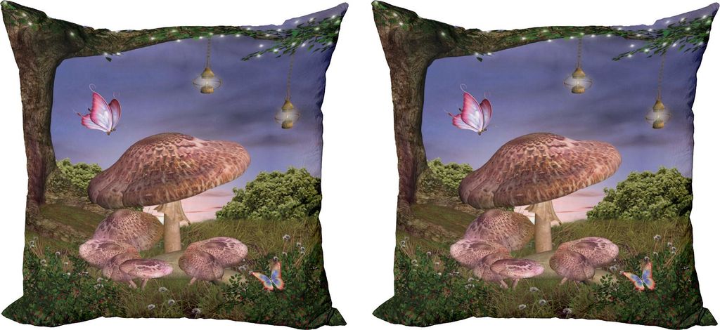 ABAKUHAUS Fantasie Kissenbezug Set (2Stück), Verzauberter Wald mit Schmetterlingen und Pilz-magischer Märchen-Art-Illustration, 45 x 45 cm, Mehrf...