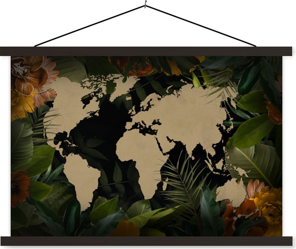 MuchoWow Textilposter Weltkarte - Pflanzen - Blätter 120x80 cm mit schwarzem Rahmen - Wanddeko