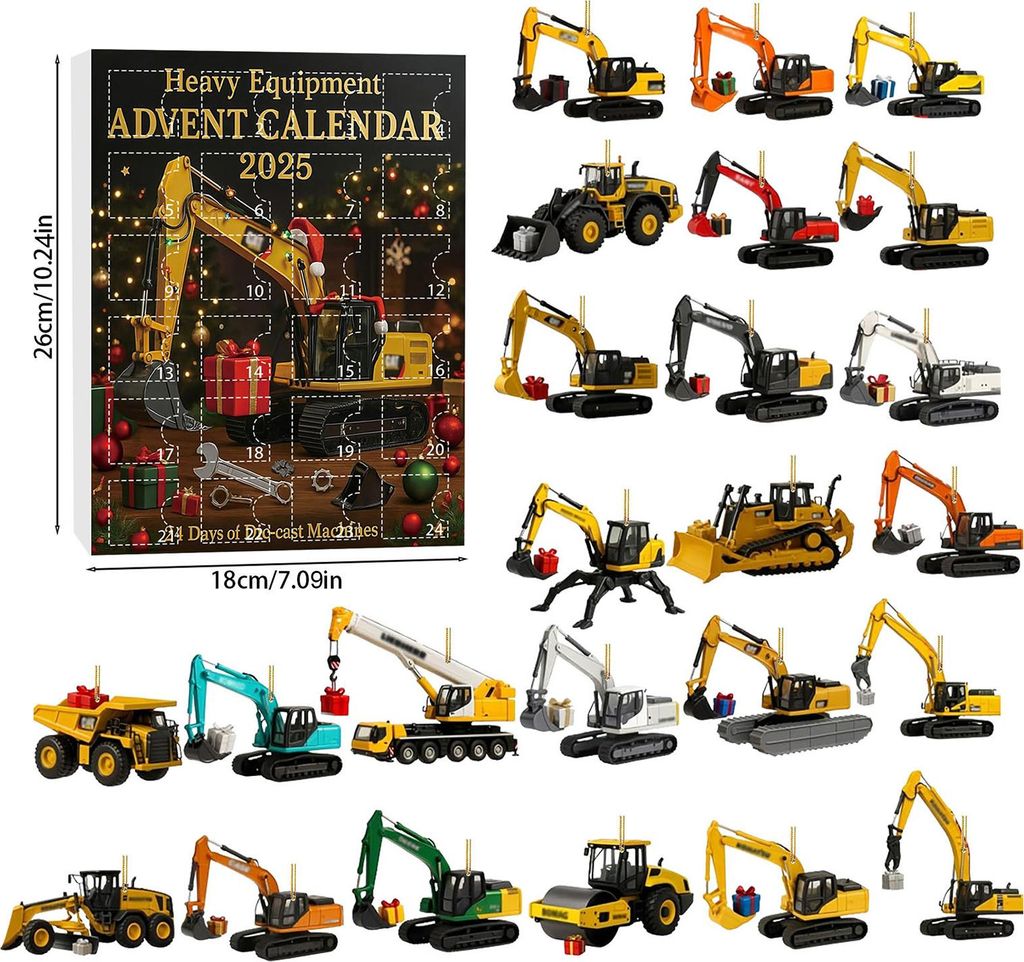 Bagger-Adventskalender 2026: 24 Tage voller Bagger-Fahrzeuge – lehrreich und unterhaltsam – Weihnachtsanhänger – Countdown-Geschenk