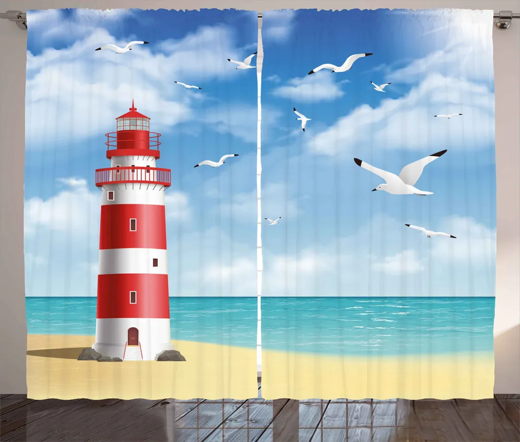 Rideau Rustique ABAKUHAUS Phare et Mouettes 280x225cm Rouge et Bleu
