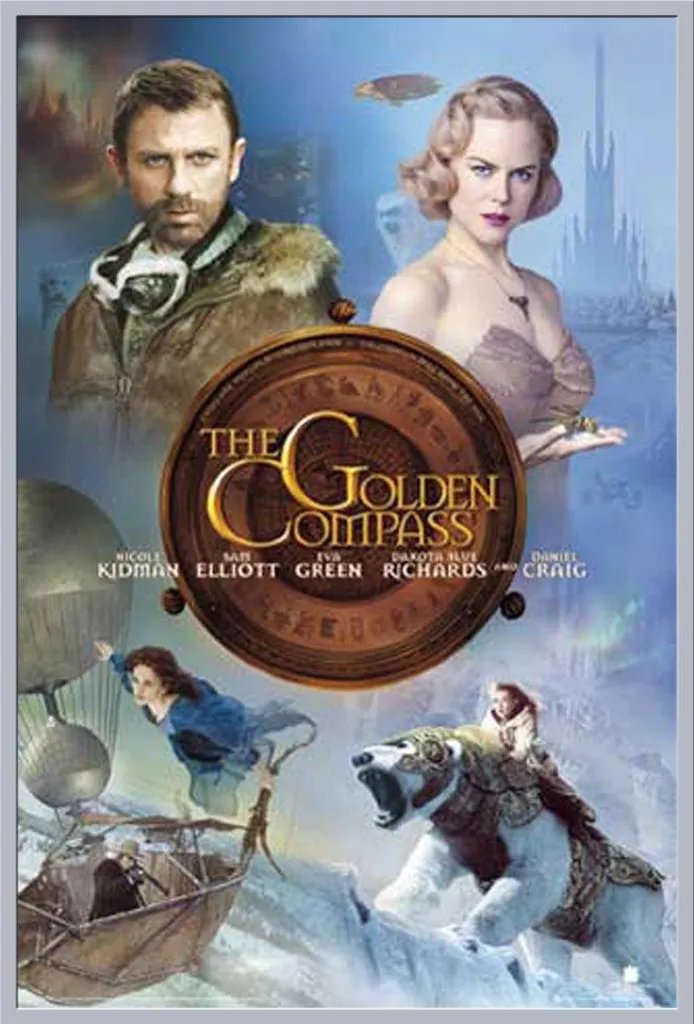 Cadre argenté avec affiche The Golden Compass et protection acrylique Shinsuke
