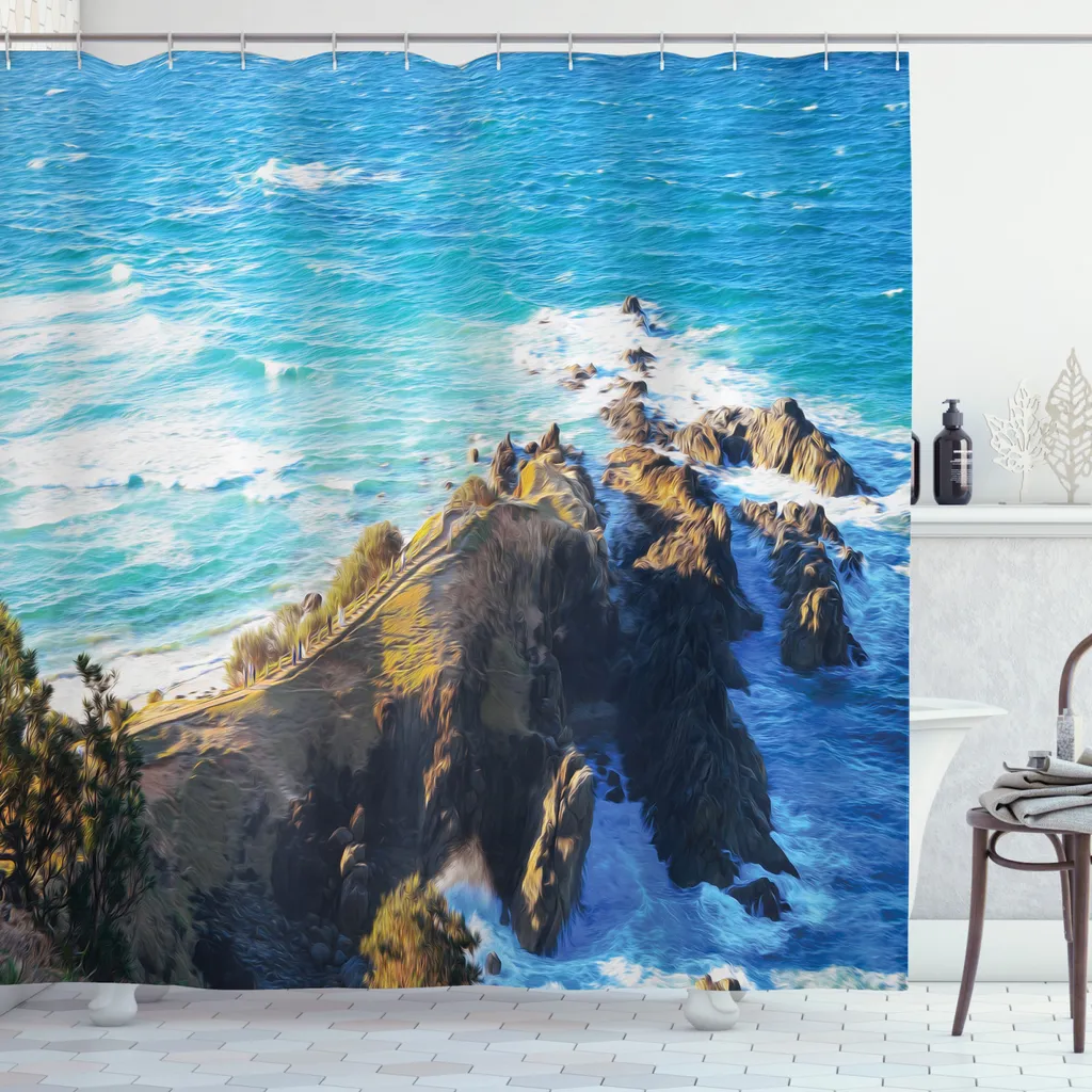 Rideau de douche pour salle de bain moderne, décor falaises 175x240 cm