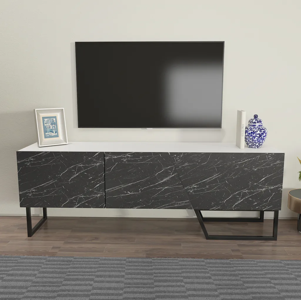 Banc TV bas Decorotika Parla blanc et effet marbre avec pieds métalliques