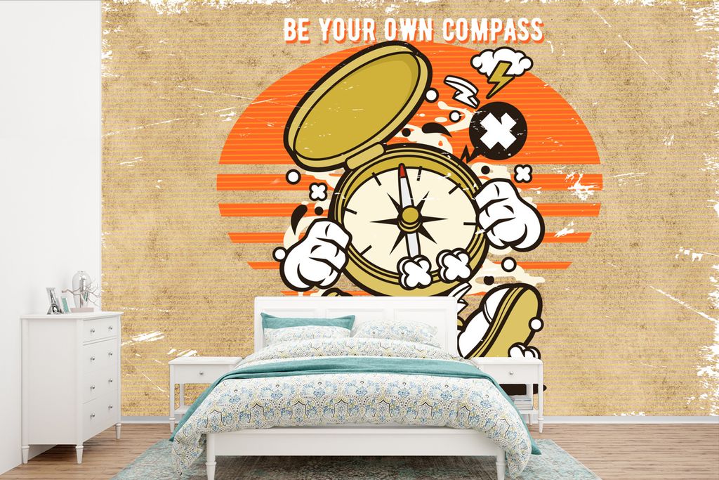 MuchoWow Fototapete für Wohnzimmer oder Schlafzimmer Wandtapete Vinyl Motivtapete Kompass - Vintage - Zitat - 450x300 cm - Gemusterte