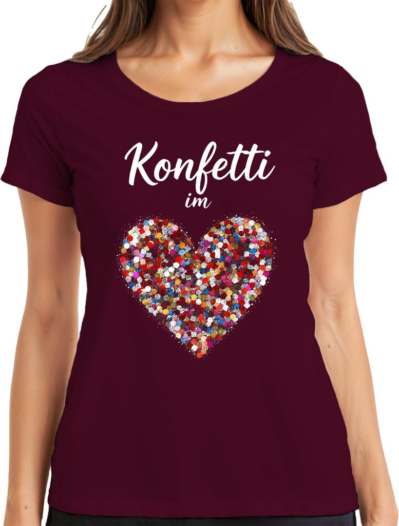 Konfetti im Herzen bunt Herzform Liebe Karneval Faschingszeit Damen T-Shirt, Burgundy, S