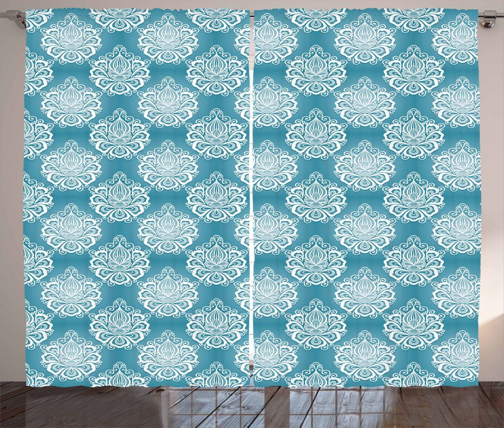 ABAKUHAUS Blau und weiß Rustikaler Gardine, Curly Blumen, Schlafzimmer Kräuselband Vorhang mit Schlaufen und Haken, 280 x 175 cm, Blau und weiß