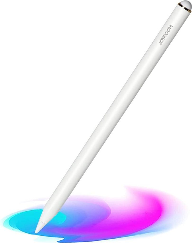 A white stylus pen is shown diagonally against a white background with a colorful abstract swirl at the bottom.