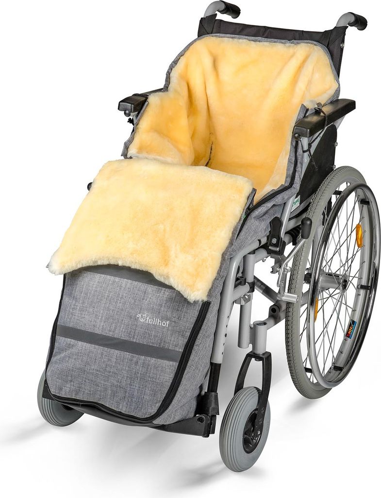 A wheelchair with a warm, fuzzy lining and a foot cover.
