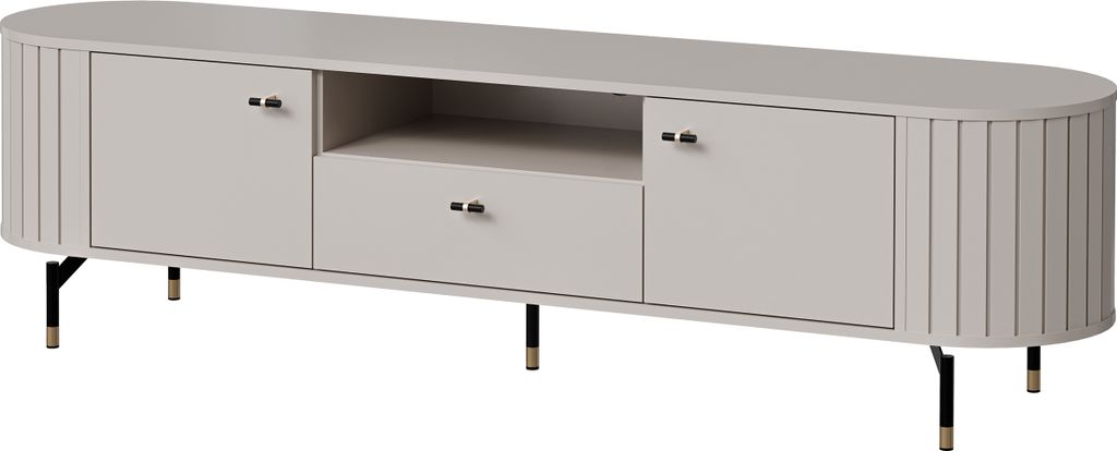 MIRJAN24 TV-Lowboard Zante 180 2D1S 05, TV-Tisch mit Griffe und Füße aus Stahl, zwei Drehtüren und Schublade (Farbe: Cashmere)