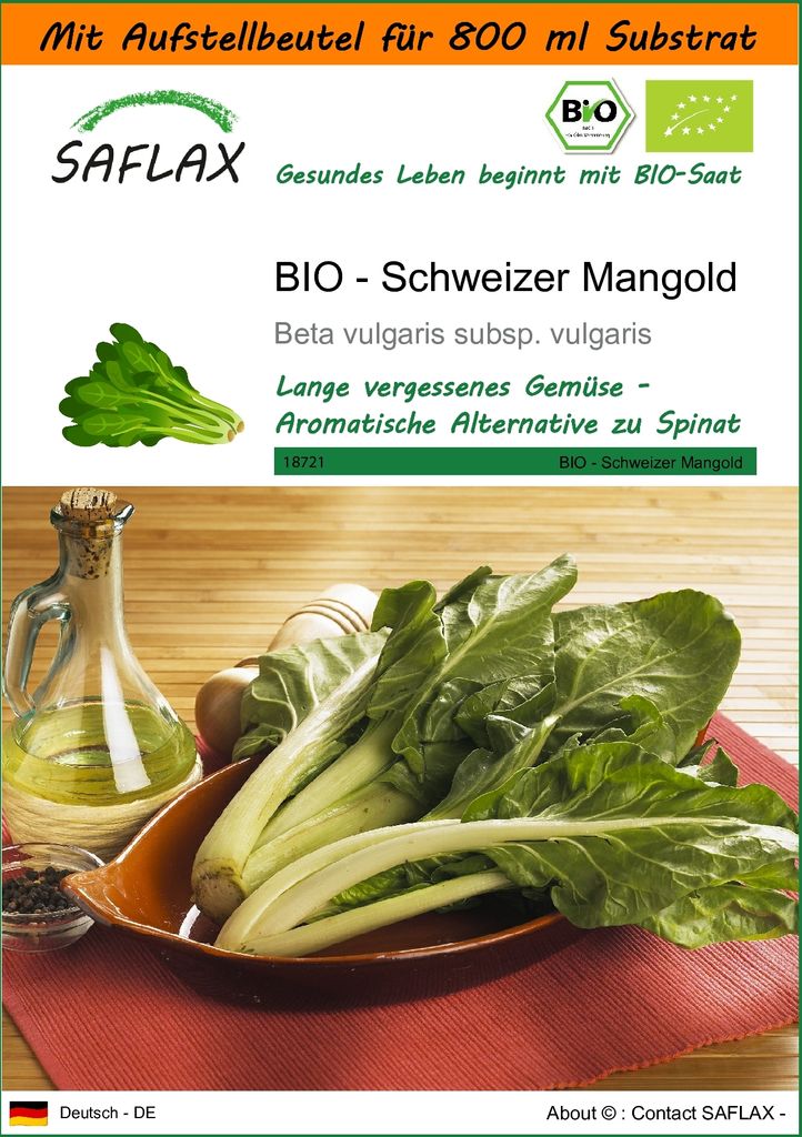 SAFLAX - Garden in the Bag - BIO - Schweizer Mangold - 150 Samen - Mit Anzuchtsubstrat im praktischen, selbst aufstellenden Beutel - Beta vulgaris