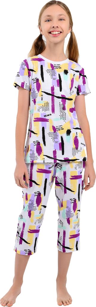 Mädchenpyjamas kurze Ärmel, lange Hose Dream On - Weiß/Violett - 152