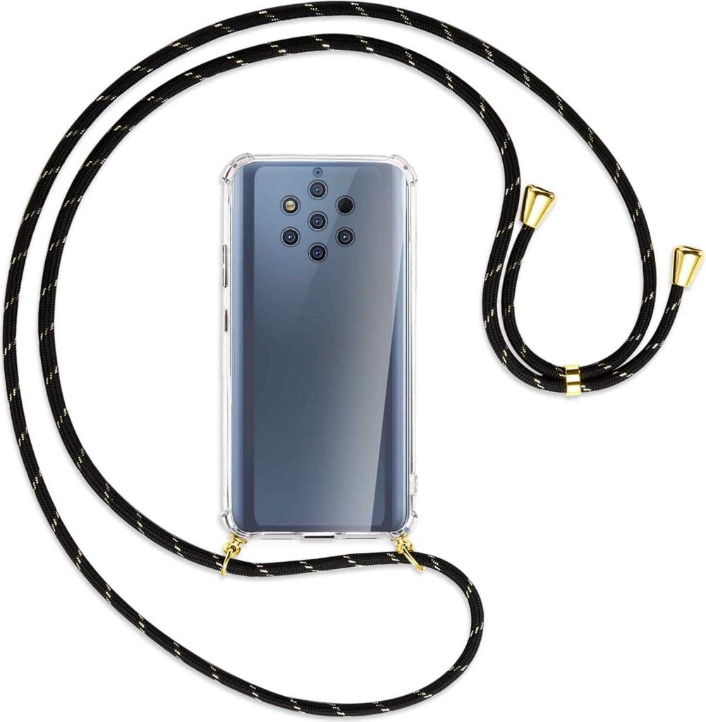 Handykette Backcover-Schutzhülle mit Band (Metall goldfarben) für Nokia 9 PureView - schwarz/gold