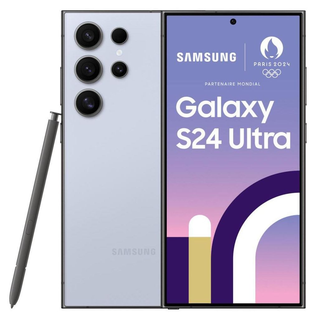 A Samsung Galaxy S24 Ultra smartphone with its stylus, displayed with marketing text and the Paris 2024 Olympics logo.