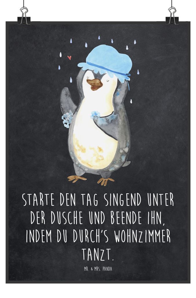 Mr. & Mrs. Panda Bild Pinguin Duschen DIN A2 - Kreidetafel - Geschenk, Neustart, drucke, Dusche, Duschkonzert, Kunstdruck, Singen, Wandbild, Motiva...
