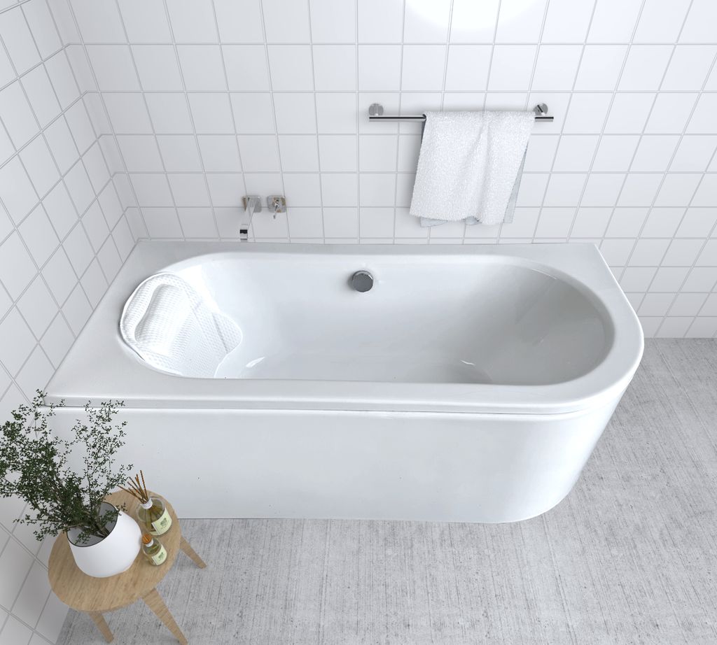 ECOLAM Badewanne Wanne Eckwanne Eckbadewanne für Zwei Modern Design Acryl weiß Avita 170x75 cm LINKS + Kopfkissen Mare + Schürze Ablaufgarnitur