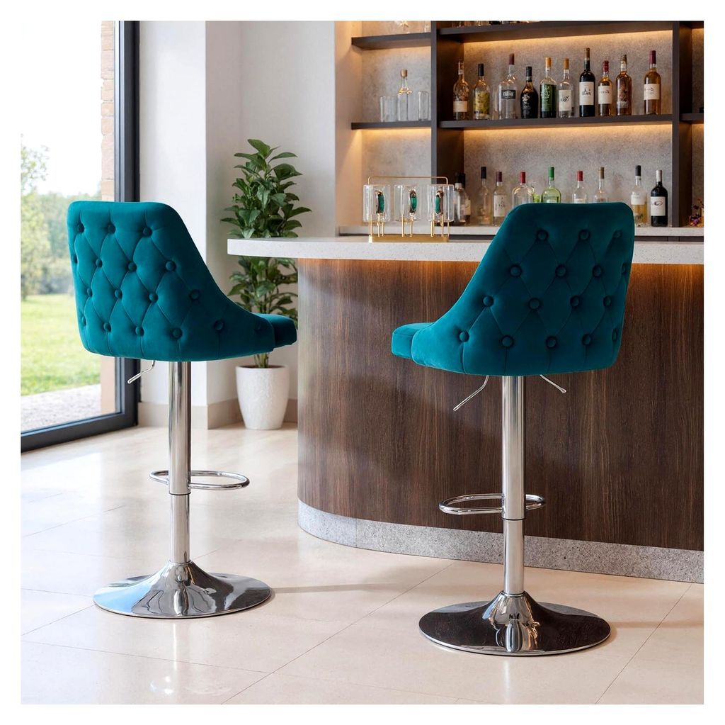 Barhocker 2er Set aus Samt, höhenverstellbar, drehbar mit Fußstütze, Blau