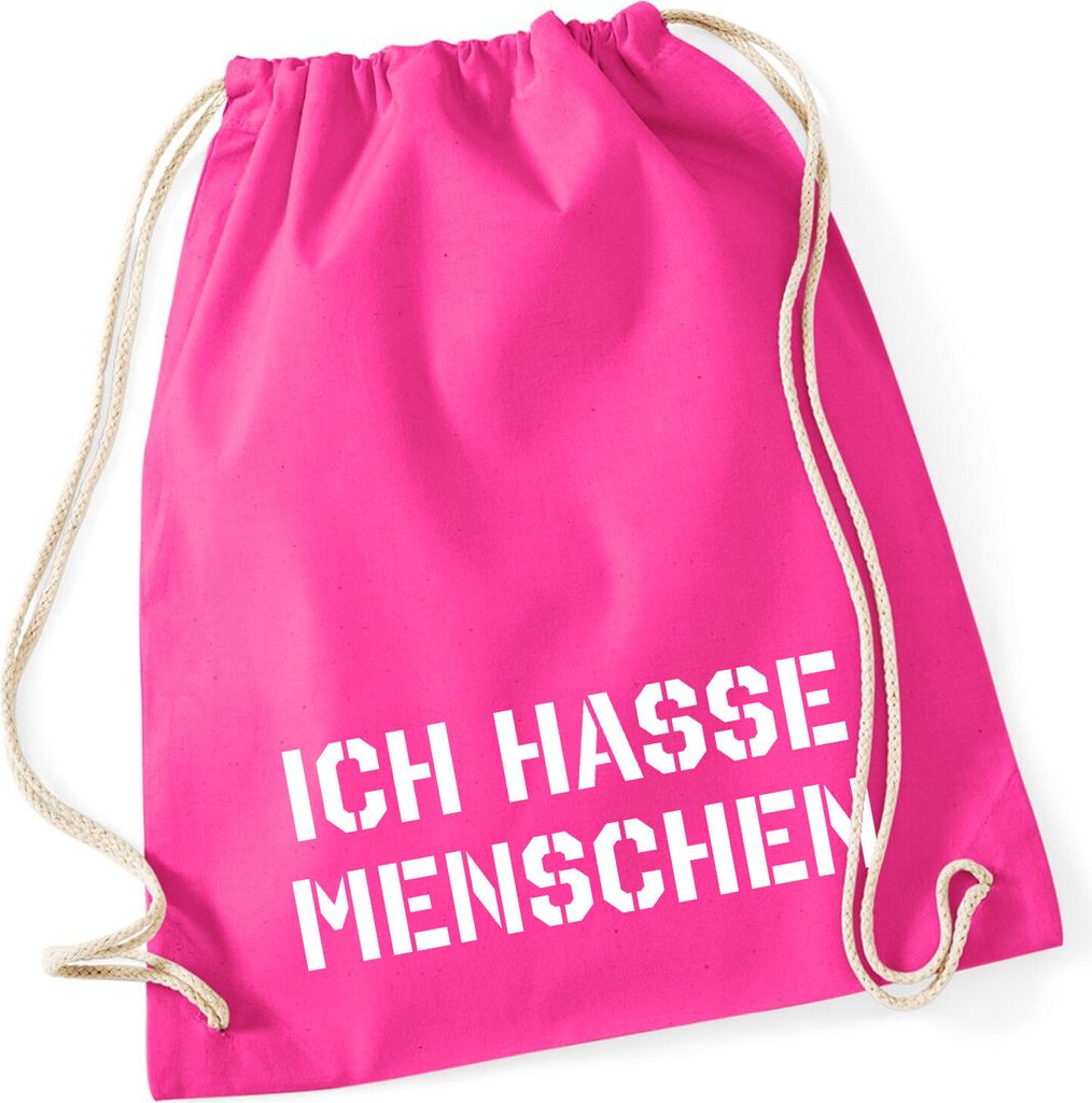 Huuraa Turnbeutel ICH HASSE MENSCHEN 12 Liter Fuchsia Baumwolle Rucksack Geschenkidee