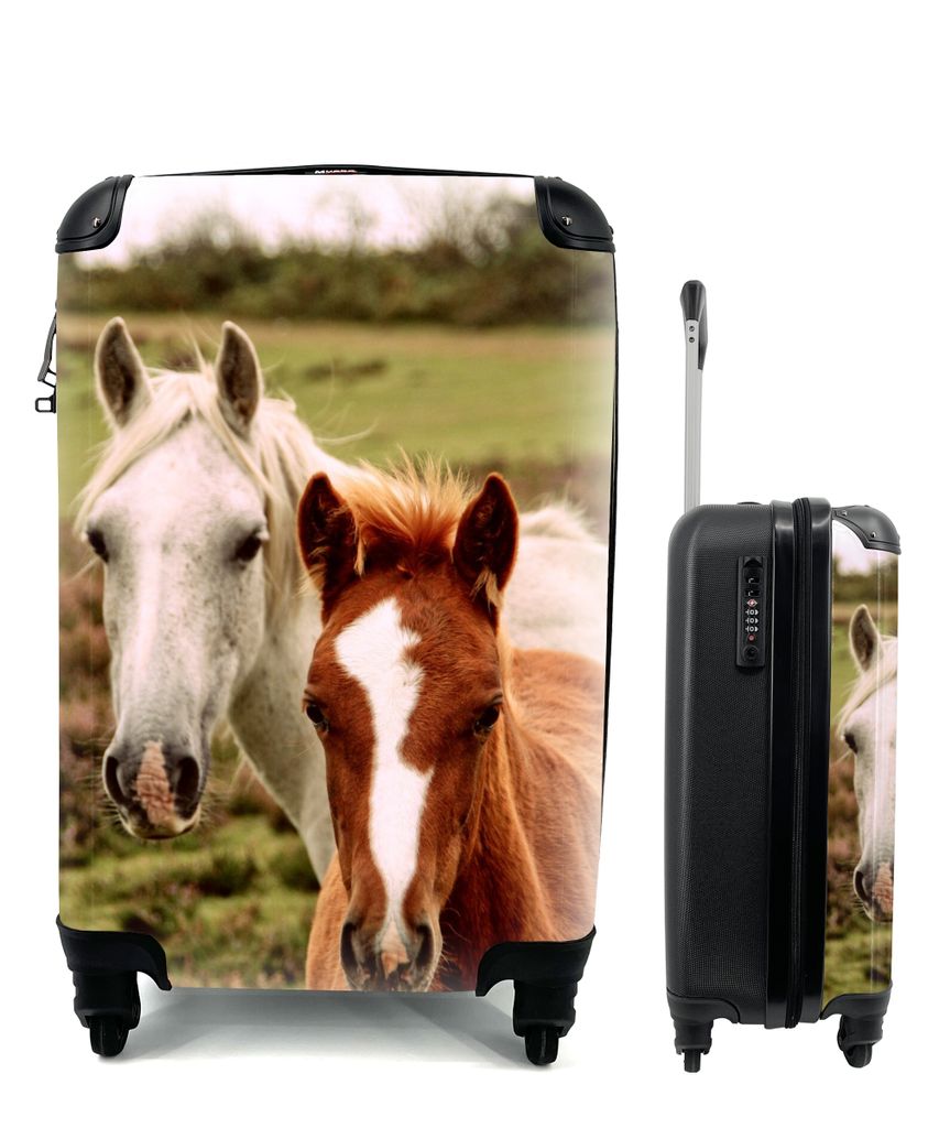 MuchoWow Koffer Handgepäck Trolley Rollkoffer Kleine Reisekoffer mit 4 Rollen - Weiße Morgan-Stute mit braunem Fohlen - Cabin Size < 55x40x23 c...