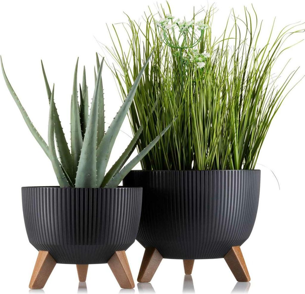 HowHomely | Pflanzkübel, Set aus 2 Blumentöpfen, Pflanztopf Schwarz - 18,3 & 15 cm - Blumentrog, Blumentopf