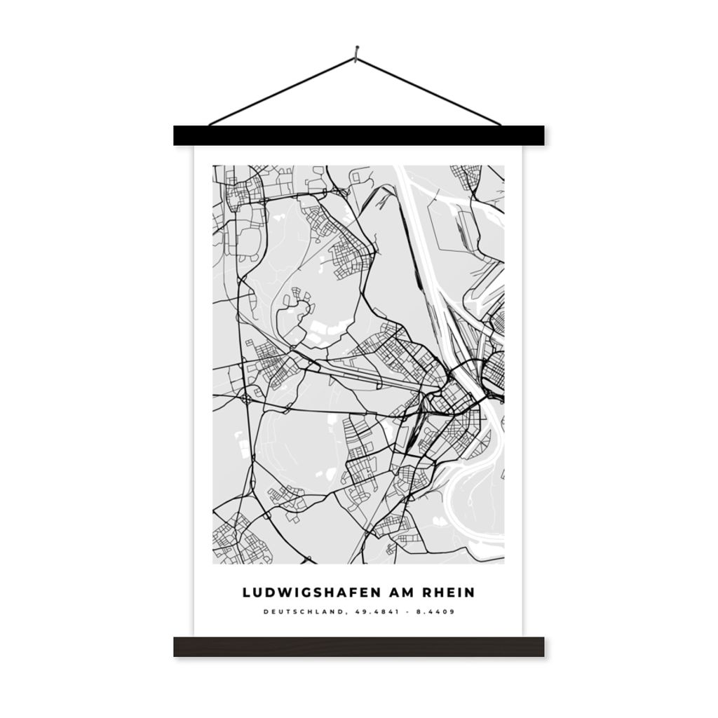 MuchoWow Textilposter Karte - Ludwigshafen Am Rhein - Deutschland - Stadtplan - Karte 60x90 cm mit schwarzem Rahmen - Poster Wohnzimmer