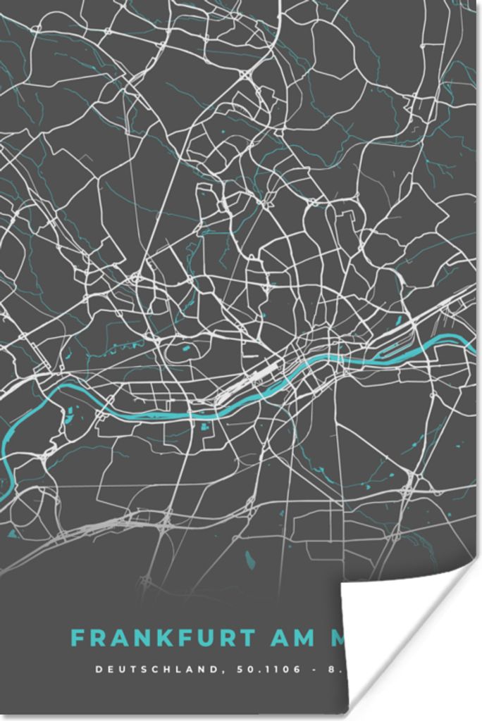 MuchoWow Poster Stadtplan - Deutschland - Blau - Frankfurt am Main - Karte 80x120 cm - Papierdruck