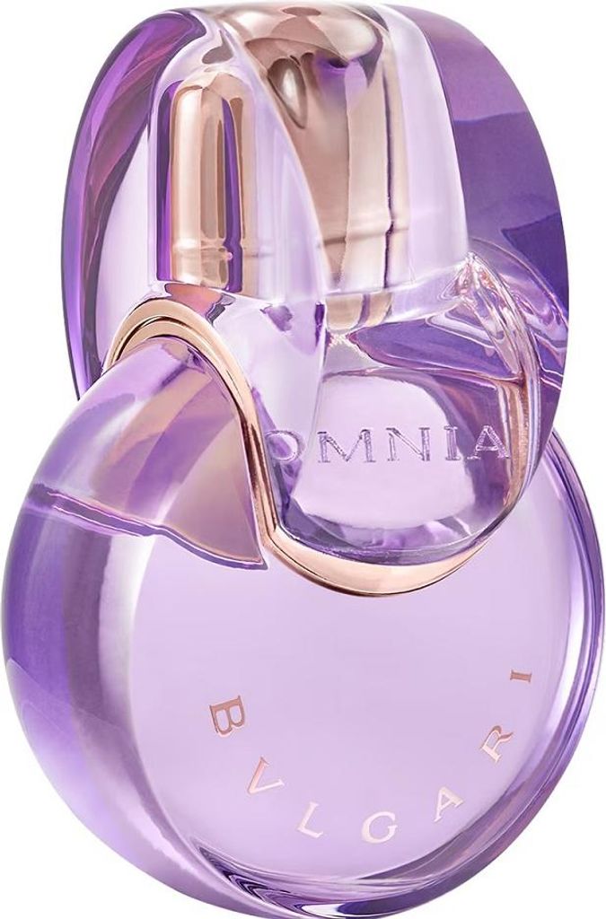 A close-up studio shot of a Bvlgari Omnia Amethyste Eau de Toilette spray bottle.
