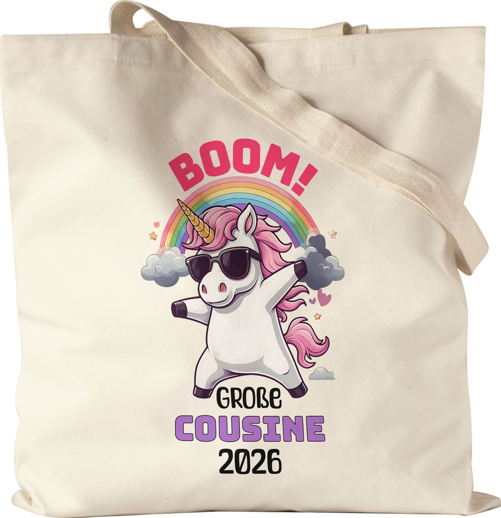 Boom Große Cousine 2026 Jutebeutel Geschenk Einhorn Familienfreude Babyparty Überraschung Cousine